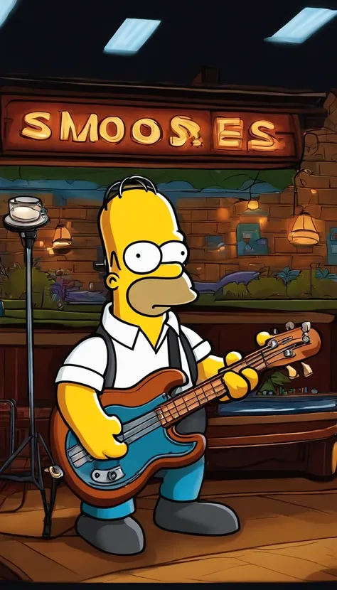 cafe shop，The Simpsons，Homer Simpson plays bass，homer simpson，dramatic lights，Dramatic colors，On stage，One guy，Play bass