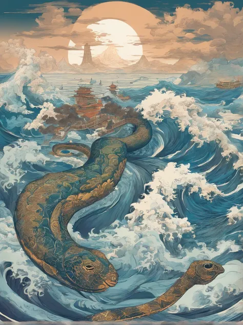 China-style，Chinese mythology，Xuanwu，faucet，Turtle body，Heavy tortoiseshell shell，The snakes tail grows out，has horns on its head，tosen，Ferocious，gargantuan，The eyes glow blue light，the sea，Huge waves，surrounded by cloud，中景 the scene is，Full body like， hig...