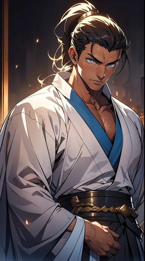 quadratic element，style of anime，mtu（Male Warrior），The proportions are correct，Face details，swordsmen，High ponytail hairstyle，Neck details，There is an Adams apple，White robe，kaftan，long white robe，clothes details，Handing over，longer sleeves，Game quality，Sw...