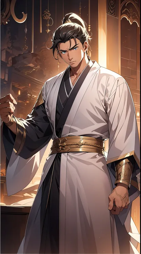 quadratic element，style of anime，mtu（Male Warrior），The proportions are correct，Face details，swordsmen，High ponytail hairstyle，Neck details，There is an Adams apple，White robe，kaftan，long white robe，clothes details，Handing over，longer sleeves，Game quality，Sw...