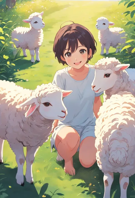 Cartoon lambs、Simple line art、Simple illustration、thick line art、2D、Line drawing in anime style、White lamb, Smiling lamb、Cute lamb, cute animal, curlies、White Simple Background