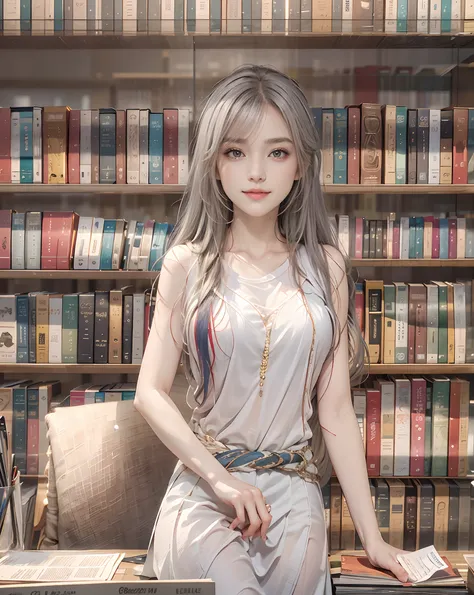 masutepiece、hight resolution、Library Reception、Library staff、scrivener、30-year-old girl、１Girl clerk、Looking at the camera、smil、Finish as shown in the photo、the skin is white and beautiful、Hair is long and beautiful、inner colored、Hair should be tied back、A ...