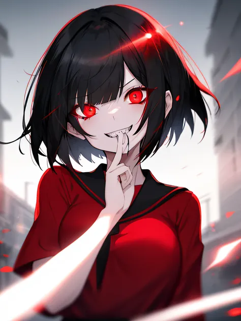 a girl, black hair, bob cut, glowing red eyes, pale skin, red and black sailor uniform, red shirt, (evil grin:1.1), sharp teeth, (wide open eyes:1.2), night, moon glare, bokeh, depth of field, blurry background, light particles, strong wind