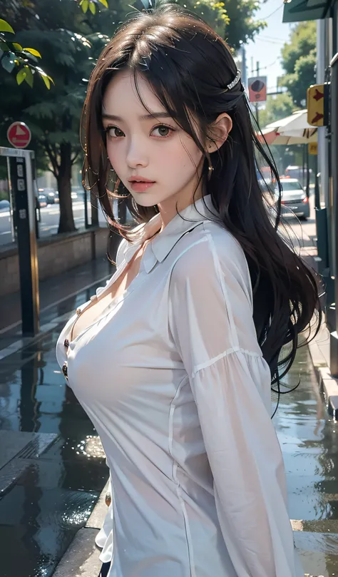 ((best qualtiy, 8k, tmasterpiece:1.3)), sharp:1.2, perfect figure beautiful woman:1.4, Slim abs:1.2, ((Layered Hair Style, huge tit:1.2)), (Long shirt with wet white buttons：1.1），（Wet streets：1.2），Get wet：1.5，Highly detailed facial and skin texture，A detai...