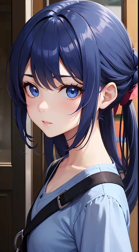 a girl in a blue shirt is holding a pair of scissors, best quality, expressive eyes, perfect face, anime, ultra detailed