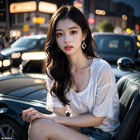 of the highest quality, masutepiece, Ultra high definition, (Real: 1.4), Original photo, (Evening Street), 1 girl, Black eyes, gaze at the audience, Long hair, Light makeup, Beautiful lips, small ears, White T-shirt, Denim shorts, earrings, Sitting Ferrari...