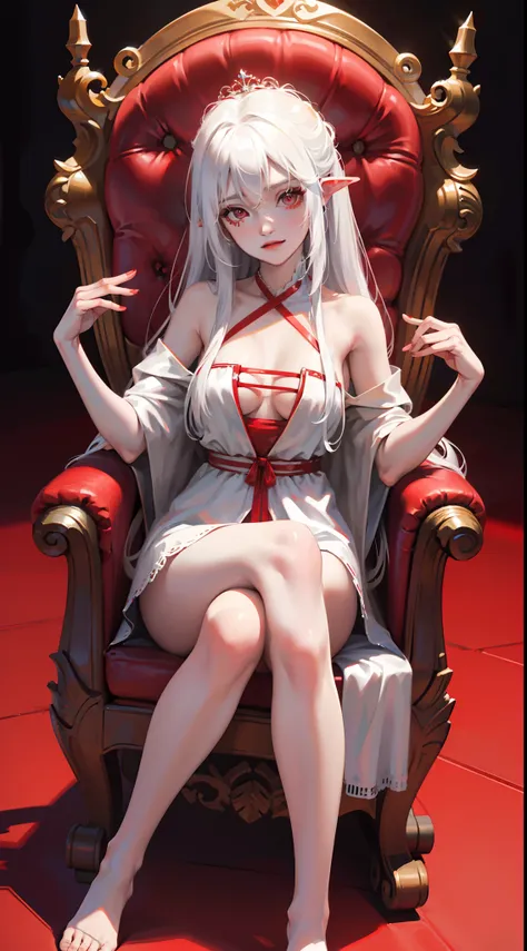 young girl, Long white hair, red eyes, Red Futhark Tattoo, smirk, princess dress, small breasts, open breasts, Wide neckline, sitting on the throne, legs crossed, Masterpiece, hiquality, higly detailed, HD, 4k