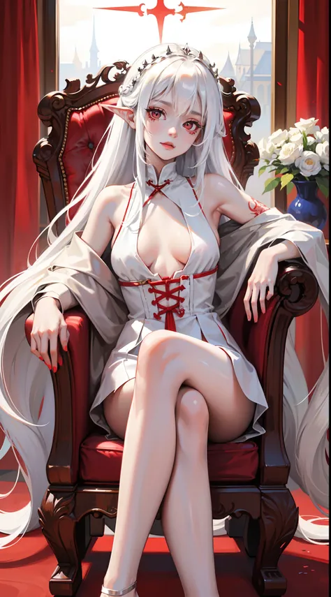 young girl, Long white hair, red eyes, Red Futhark Tattoo, smirk, princess dress, small breasts, open breasts, Wide neckline, sitting on the throne, legs crossed, Masterpiece, hiquality, higly detailed, HD, 4k