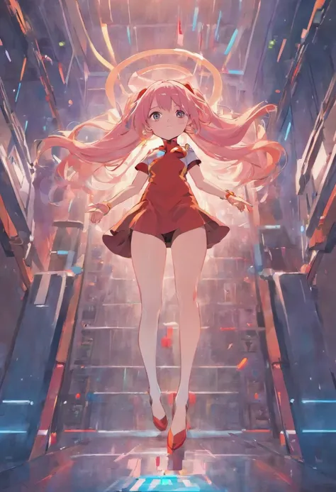 zero two from darling in the franxx, focus on feet, barefoot, high detailed, sci fi background