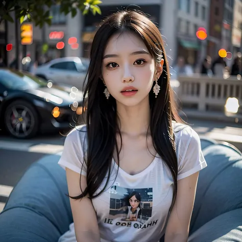 of the highest quality, masutepiece, Ultra high definition, (Real: 1.4), Original photo, (Evening Street), 1 girl, Black eyes, gaze at the audience, Long hair, Light makeup, Beautiful lips, small ears, White T-shirt, Denim shorts, earrings, Sitting Ferrari...