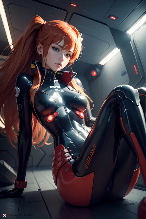 Asuka Langley a spaceship pilot in a latex suit with robotic limbs, laying down in a pod, in a cyberpunk setting, cyborg, implants, high details, realistic, photorealism, 8k,souryuuasukalangley