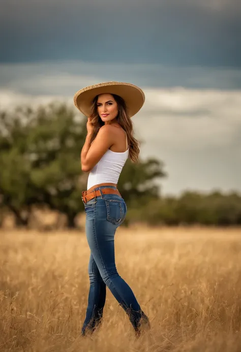 Sexy chica de campo con sombrero de vaquero de pie en un campo de trigo, piel bronceada, cabello largo y rubio, pantalones cortos de jean cortados, Fit and athletic body, flirty, sexy, tetas grandes desnudos con fuerte sobresalir, puesta del sol,sonrisa su...