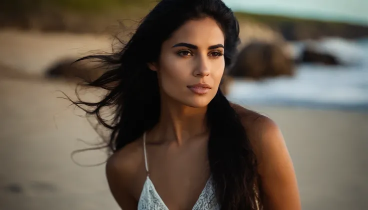 cute and sexy Hispanic girl at the beach, black hair, hair in the wind, visible jawline, posing