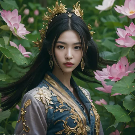 Gold backstop 32K（tmasterpiece，k hd，hyper HD，32K）Long flowing black hair，ponds，zydink， a color， Aozhou people （Concubine girl）， （Purple silk scarf）， Combat posture， looking at the ground， long whitr hair， Floating hair， Carp pattern headdress， Chinese long...