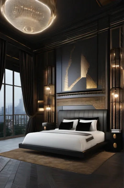 arafed bedroom with a large bed and a large window, white gold black, all black matte product, nouveau, intense contrast, deep black, harmony black room, p. j. n, ultra realistic”, ultra realistic ”, darker, dark bedroom, decadent, pitch black room, dimly ...