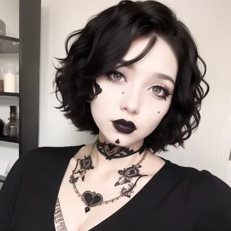 Best quality, masterpiece, super high resolution, (realism: 1.4), face tattoo of a heart, black curly hair, short hair, pale skin, bedhead, goth, happy