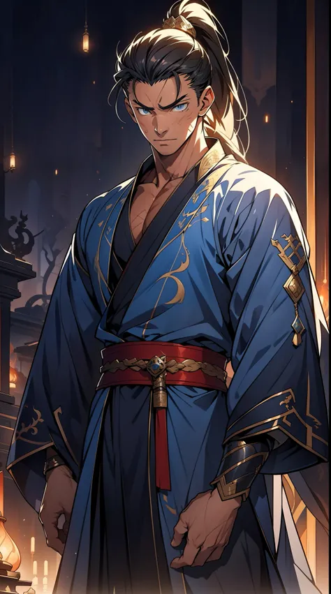 quadratic element，style of anime，mtu（Male Warrior），The proportions are correct，Face details，swordsmen，High ponytail hairstyle，Neck details，There is an Adams apple，Blue suit，kaftan，long blue robes，clothes details，Handing over，longer sleeves，Game quality，Swo...