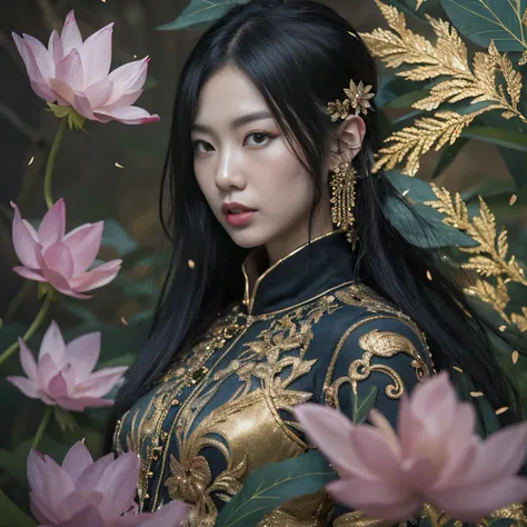 Gold backstop 32K（tmasterpiece，k hd，hyper HD，32K）Long flowing black hair，ponds，zydink， a color， Aozhou people （Concubine girl）， （Purple silk scarf）， Combat posture， looking at the ground， long whitr hair， Floating hair， Carp pattern headdress， Chinese long...