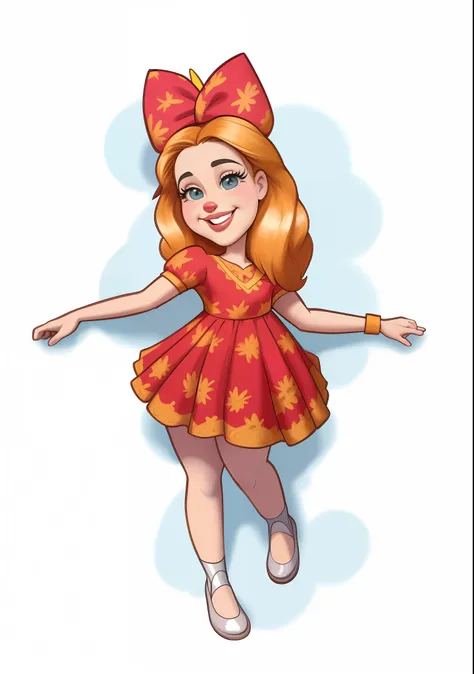 Cartoon girl in a dress with a bow and a big bow on her head, fundo com iluminacao e girassois, e borboletas amarelas brilhantes, estilo de arte dos desenhos animados, Cartoon style illustration, in cartoon style, arte dos desenhos animados, charicatura, p...