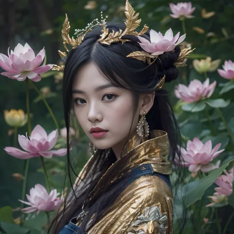 Gold backstop 32K（tmasterpiece，k hd，hyper HD，32K）Long flowing black hair，ponds，zydink， a color， Aozhou people （Concubine girl）， （Purple silk scarf）， Combat posture， looking at the ground， long whitr hair， Floating hair， Carp pattern headdress， Chinese long...