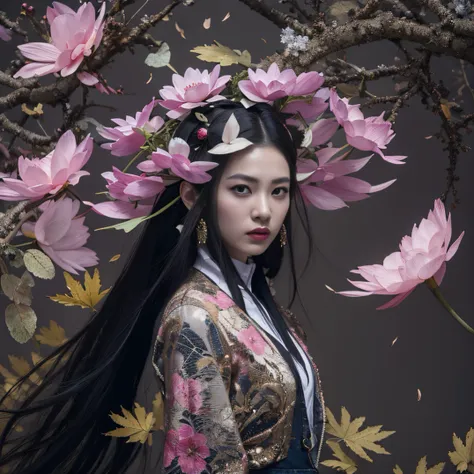 Gold backstop 32K（tmasterpiece，k hd，hyper HD，32K）Long flowing black hair，ponds，zydink， a color， Aozhou people （Concubine girl）， （Purple silk scarf）， Combat posture， looking at the ground， long whitr hair， Floating hair， Carp pattern headdress， Chinese long...