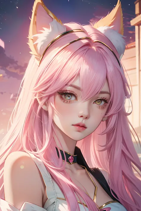 Anime girl pink hair , Beautiful character painting, , Stunning anime face portrait with cat ears, amber eyes, beautiful princess