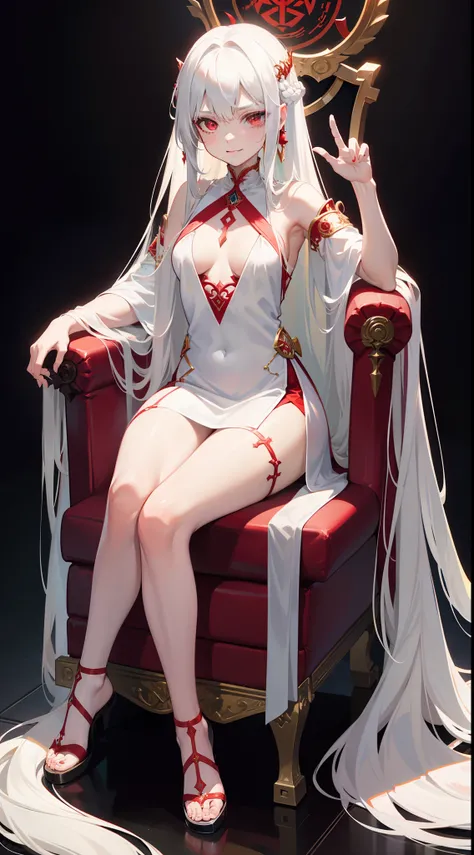 young girl, Long white hair, red eyes, Red Futhark Tattoo, smirk, princess dress, small breasts, open breasts, Wide neckline, sitting on the throne, legs crossed, Masterpiece, hiquality, higly detailed, HD, 4k