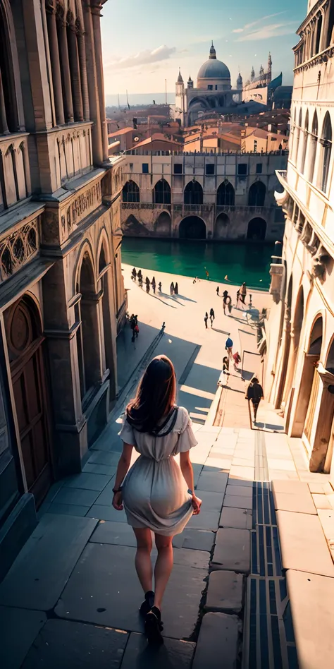 realisticlying、The real Venice,、Doges Palace．Depiction seen from 100 meters in the sky、View from the roof of the building、19 year old girl、Wearing a thin dress of fabric、A sexy