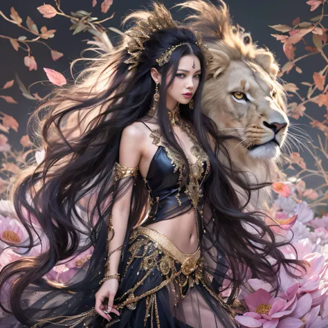 gold lion tailgate 32k（tmasterpiece，k hd，hyper hd，32k）long flowing black hair，ponds，zydink， a color， aozhou people （lion girl）， ...