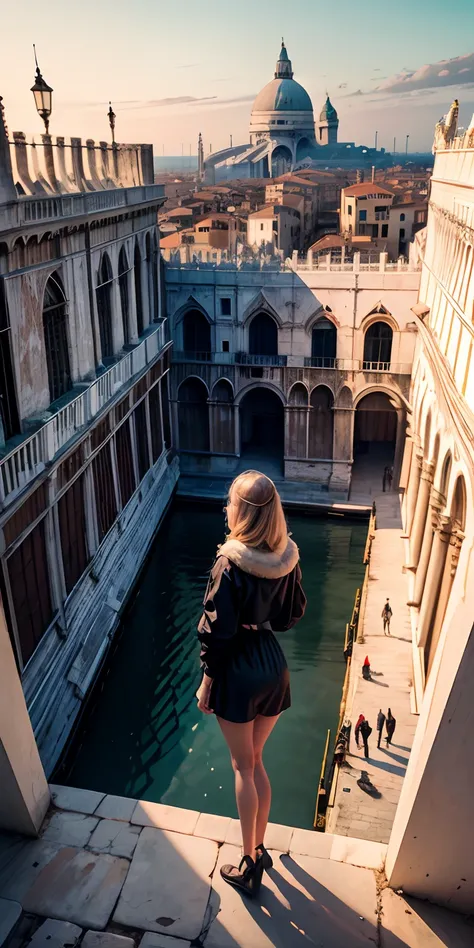 realisticlying、The real Venice,、Doges Palace．Depiction seen from 100 meters in the sky、View from the roof of the building、19 year old girl、Wearing a thin dress of fabric、A sexy