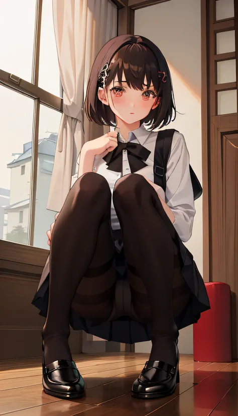 1girl in、Front-facing、Composition from below、crouching down、Panchira、Full body portrait、brown haired、Shorthair、Medium haircut、red blush、Absolute Area、Black knee socks、Black knee high、Black stockings、Black pantyhose、Black Lace Pantyhose、White underwear、whit...