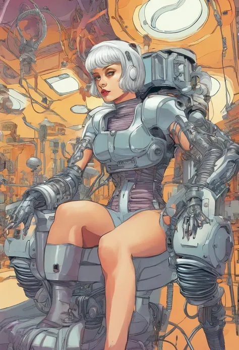 Girl with short-cut silver hair, mechanical headwear, working on robotics in a machine shop, tank top, sweat, mechanical gloves, mechanical prosthetic leg, The upper half of the body is flesh and blood, the lower half is mechanical,