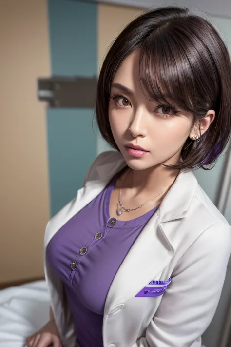 physician, 50 years old, hyperdetailed face, Detailed lips, Detailed eyes, 二重まぶた, Black bob-shaped hair,  (((Light purple shirts that button up to conceal the chest, doctors white coat, Brown tight mini skirt))), (Examining a patient in a hospital examinat...