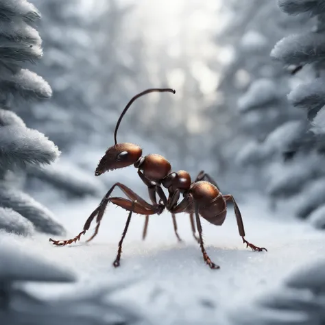 an ant in snowy forest