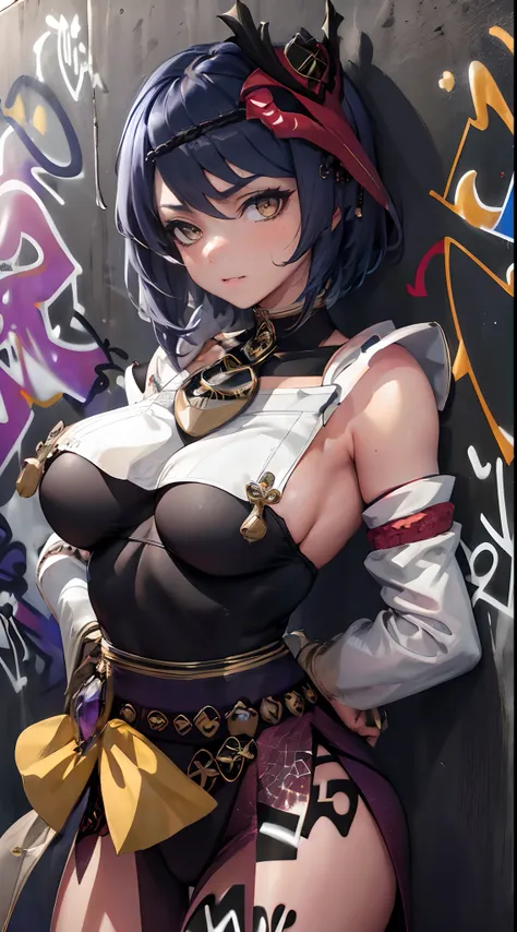 Kujou Sara Genshin Effect, masterpiece, bestquality, 1girls, oversized breasts, bara, choker, (Graffiti:1.5), Splash with purple lightning pattern., arm behind back, against wall, View viewers from the front., Thigh strap, Head tilt, bored, water eyes,