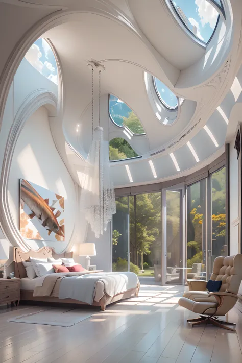 Bedrooms，There is a wall in the middle of the bedroom,The painting on the wall is in the middle, Paintings on the walls, skyscape, Large airy windows, Zaha Hadid and Santiago Calatrava landscape panoramic style, Fish, Clear light, Edge lighting, Perfect im...