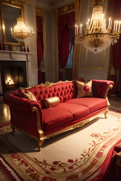 1 gold crown decorated with rubies, diamantes y zafiros, resting on a red velvet cushion embroidered in gold, sobre una mesa de madera decorada, chandelier and fireplace lighting, castillo imperial