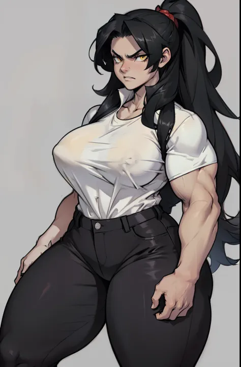 ((grey background)), solo, ((1 girl)), very long hair, black hair, angry, yellow eyes, ((muscular)), huge tits), thick thighs, wide hips, pale skin, (tight shirt), (tight pants), standing