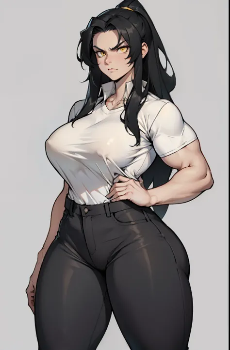 ((grey background)), solo, ((1 girl)), very long hair, black hair, angry, yellow eyes, ((muscular)), huge tits), thick thighs, wide hips, pale skin, (tight shirt), (tight pants), standing