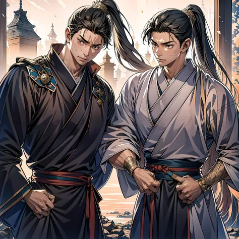 quadratic element，style of anime，mtu（Male Warrior），The proportions are correct，Face details，swordsmen，High ponytail hairstyle，Neck details，There is an Adams apple，Black Hanfu，kaftan，Embroidered robes，Black robe，clothes details，Handing over，longer sleeves，G...