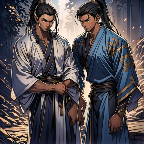 quadratic element，style of anime，mtu（Male Warrior），The proportions are correct，Face details，swordsmen，High ponytail hairstyle，Neck details，There is an Adams apple，Black Hanfu，kaftan，Embroidered robes，Black robe，clothes details，Handing over，longer sleeves，G...