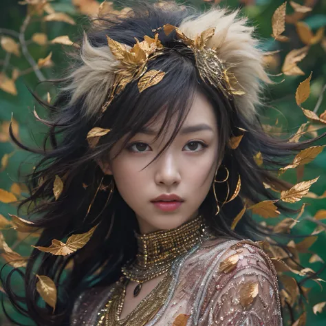 Gold lion tailgate 32K（tmasterpiece，k hd，hyper HD，32K）Long flowing black hair，ponds，zydink， a color， Aozhou people （Lion Girl）， （Purple silk scarf）， Combat posture， looking at the ground， long whitr hair， Floating hair， Lion pattern headdress， Chinese long...