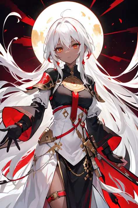 Black skin, golden eyes, white hair, Nomad with a Black and Red Tunic, 1girl, absurd res, blood magic