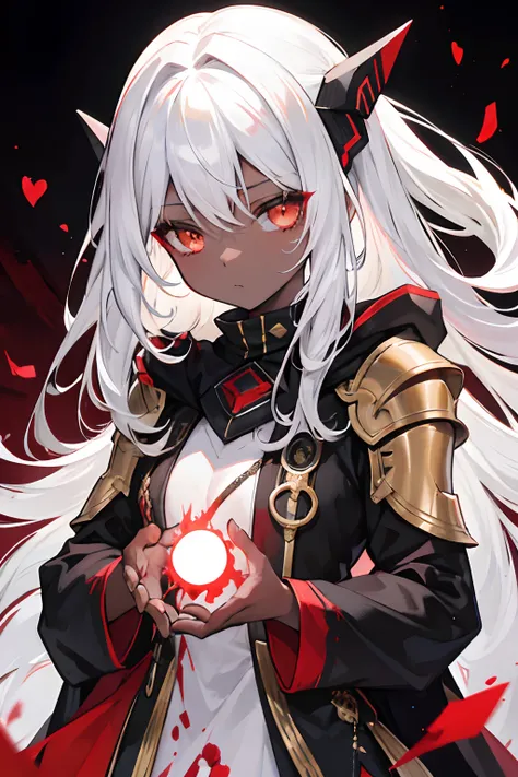 Black skin, golden eyes, white hair, Nomad with a Black and Red Tunic, 1girl, absurd res, blood magic