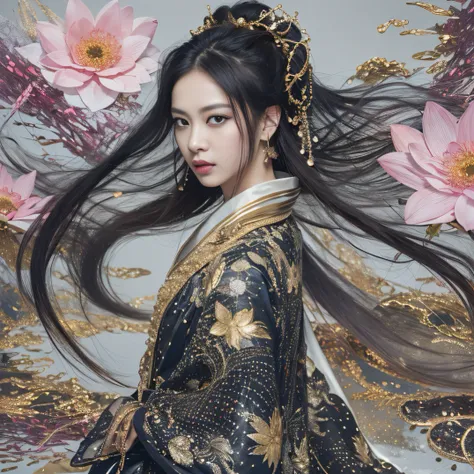 Gold backstop 32K（tmasterpiece，k hd，hyper HD，32K）Long flowing black hair，ponds，zydink， a color， Aozhou people （Concubine girl）， （Purple silk scarf）， Combat posture， looking at the ground， long whitr hair， Floating hair， Carp pattern headdress， Chinese long...