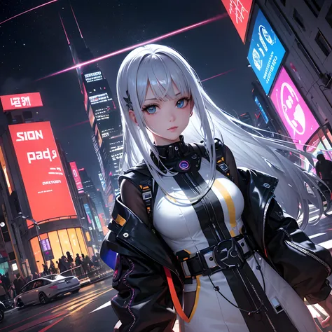 super high image, super detail, super high resolution, the face is human and the body is chrome mechanical parts sexy beautiful cute female floating in the sky, light silver glossy braided bangs hair, precise and detailed parts, cyberpunk midnight city, ru...