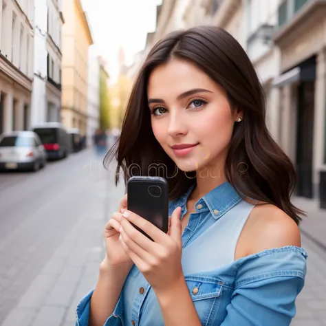 European Young Beautiful Girl, Shoulder-length dark hair, With your phone in hand, walking in the city, foto realista, Detailed hands, studio photo