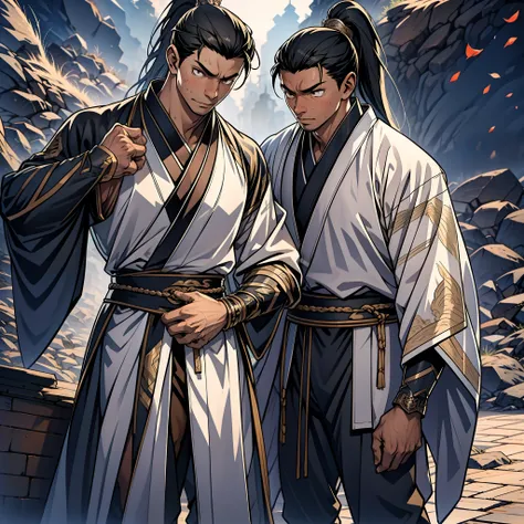 quadratic element，style of anime，mtu（Male Warrior），The proportions are correct，Face details，swordsmen，High ponytail hairstyle，Neck details，There is an Adams apple，Black Hanfu，kaftan，Embroidered robes，Black robe，clothes details，Handing over，longer sleeves，G...