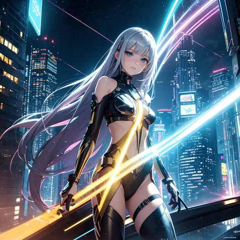 super high image, super detail, super high resolution, the face is human and the body is chrome mechanical parts sexy beautiful cute female floating in the sky, light silver glossy braided bangs hair, precise and detailed parts, cyberpunk midnight city, ru...