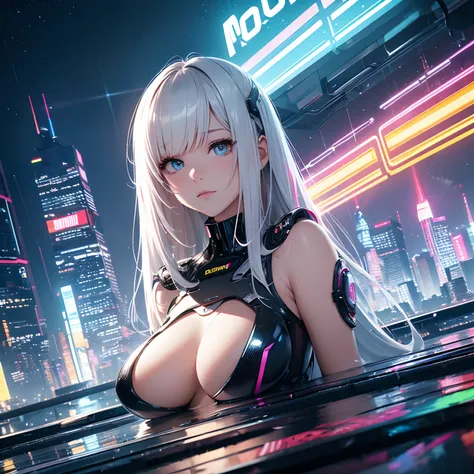 super high image, super detail, super high resolution, the face is human and the body is chrome mechanical parts sexy beautiful cute female floating in the sky, light silver glossy braided bangs hair, precise and detailed parts, cyberpunk midnight city, ru...